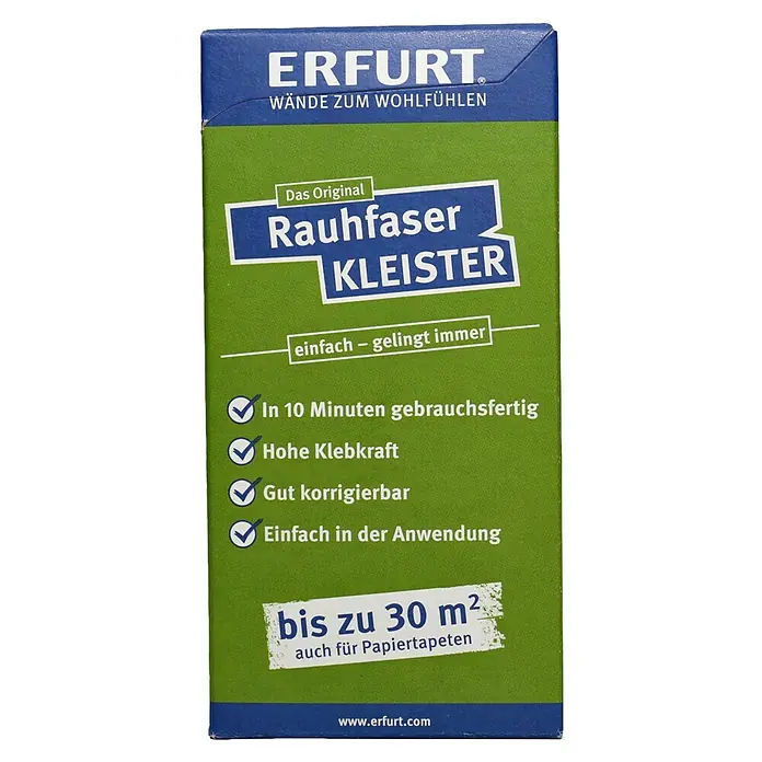 Erfurt Tapetenkleister Raufaser - 200 g - Produktverpackung von ERFURT Rauhfaser Kleister, geeignet für bis zu 30 m², ideal für Rauhfaser- und Papiertapeten, mit hoher Klebkraft.