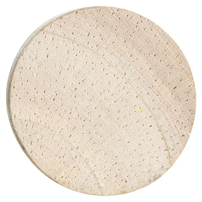 Zeller Present Magnet-Set Wood - 4 Stk., Natur, Holz - Nahaufnahme einer runden, beigen Pizzaplatte mit kleinen Löchern, ideal für knusprige Pizza.