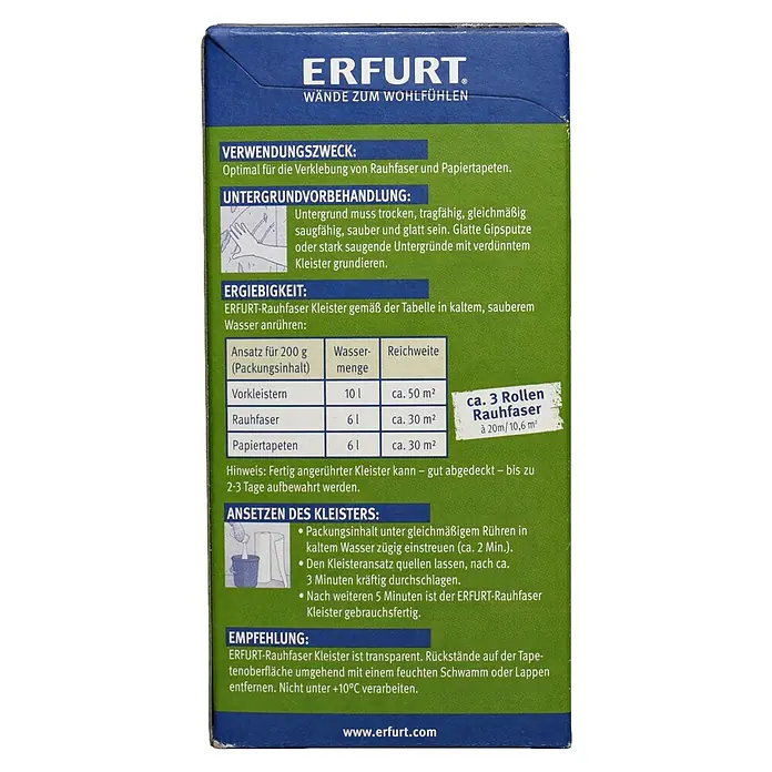 Erfurt Tapetenkleister Raufaser - 200 g - Produktbild der ERFURT Rauhfaser Kleister-Verpackung mit Anweisungen zur Verwendung und Reichweite für verschiedene Tapetenarten.