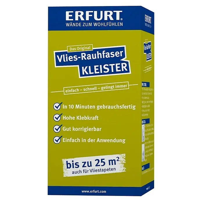 Erfurt Tapetenkleister Vlies-Rauhfaser Kleister - 200 g - Produktbild von Erfurt Vlies-Rauhfaser Kleister, geeignet für bis zu 25 m² Vliestapeten. Schnell und einfach in der Anwendung.