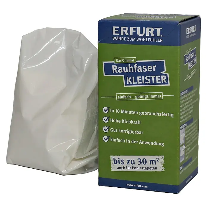Erfurt Tapetenkleister Raufaser - 200 g - Bild eines Pakets Erfurt Rauhfaser Kleister, Tapetenkleister für Rauhfaser- und Papiertapeten.