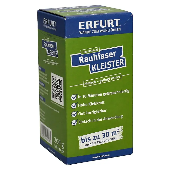 Erfurt Tapetenkleister Raufaser - 200 g - Produktfoto: Eine Packung Erfurt Rauhfaser Kleister, ein Kleister für Rauhfasertapeten, der einfach anzuwenden ist und bis zu 30 m² reicht.