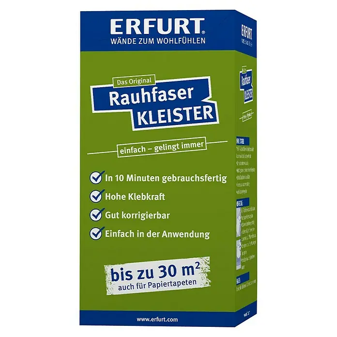 Erfurt Tapetenkleister Raufaser - 200 g - Produktfoto: Erfurt Rauhfaser Kleister für bis zu 30 m², gebrauchsfertig in 10 Minuten, hohe Klebkraft und gut korrigierbar, ideal für Papiertapeten.