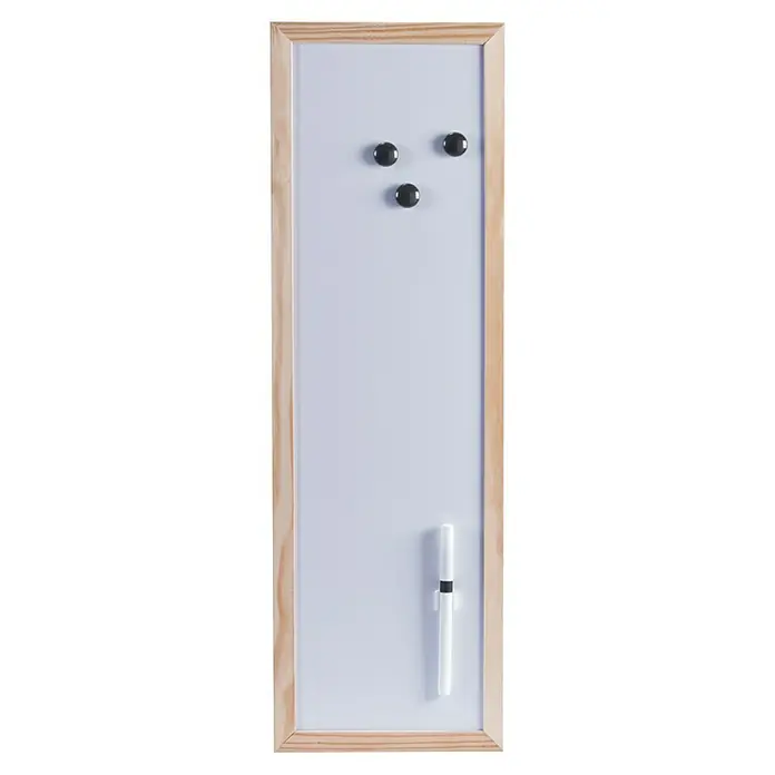 Zeller Present Magnet-Schreibtafel - 20 x 60 cm, Natur - Ein längliches Whiteboard mit Holzrahmen, drei schwarzen Magneten oben und einem Stift unten, ideal für Notizen und Organisation.