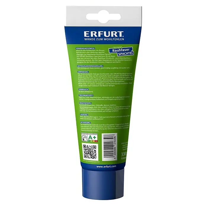 Erfurt Spachtelmasse Raufaserspachtel - 330 g - Tube Erfurt Rauhfaser Spachtel. Ideal zum Ausbessern von Rissen und Löchern auf tapezierten Rauhfaser-Flächen.