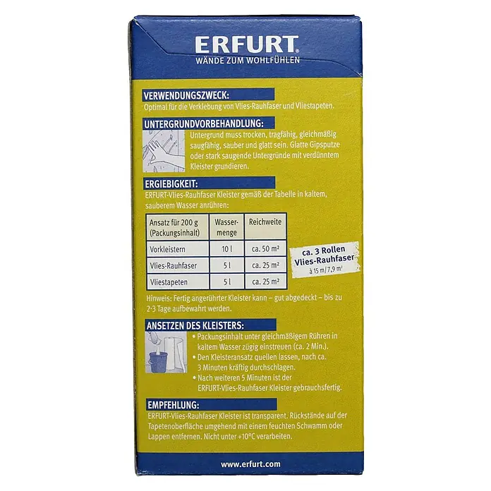 Erfurt Tapetenkleister Vlies-Rauhfaser Kleister - 200 g - Nahaufnahme der ERFURT Vlies-Rauhfaser Kleister-Verpackung mit Anwendungshinweisen und Dosierungsempfehlungen für optimale Ergebnisse.