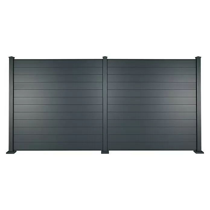 Sichtschutzelement Milano - 175 x 180 cm, Aluminium - Dunkelgraues Sichtschutzzaun-Element mit horizontalen Lamellen, bestehend aus zwei Sektionen und vertikalen Pfosten.