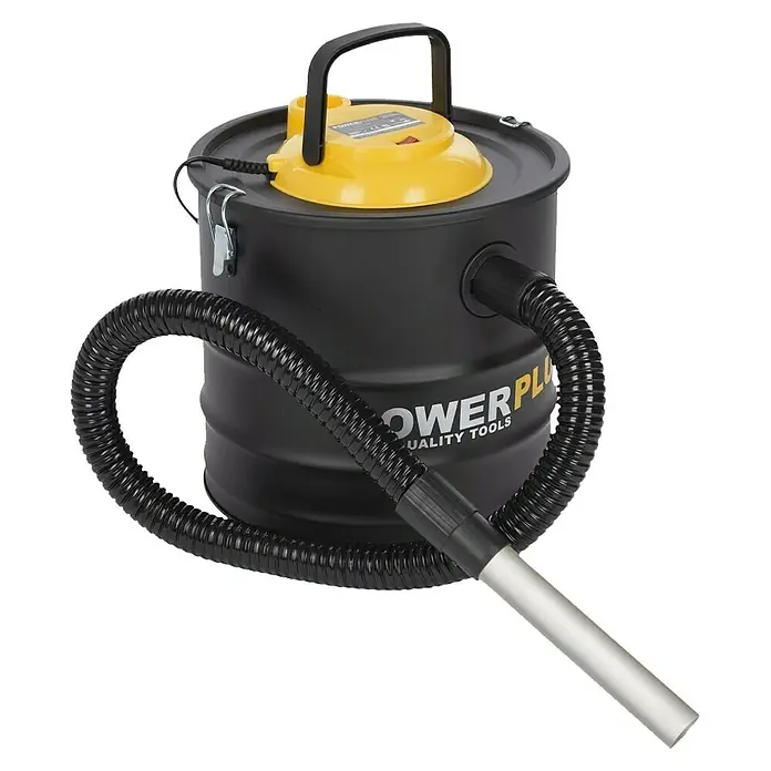 PowerPlus Aspirador de cenizas eléctrico POWX3013 - 1.600 W, Volumen de recipiente: 20 l, Sin bolsa - Imagen de una aspiradora de cenizas negra con tapa amarilla y manguera flexible diseñada para una limpieza eficiente de cenizas.