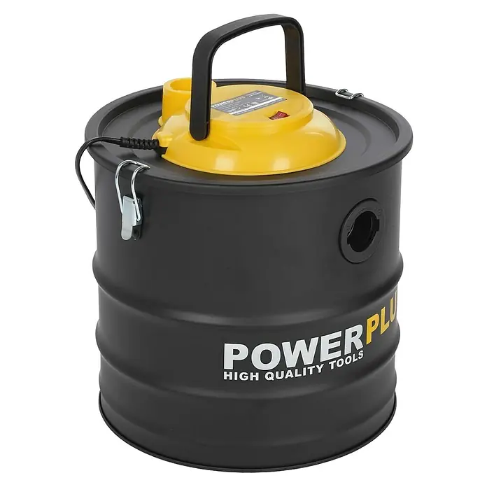 PowerPlus Aspirador de cenizas eléctrico POWX3013 - 1.600 W, Volumen de recipiente: 20 l, Sin bolsa - Aquí hay una aspiradora para líquidos y sólidos de Powerplus. La aspiradora tiene una tapa amarilla y un recipiente negro.