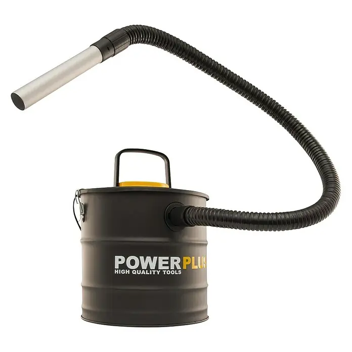 PowerPlus Aspirador de cenizas eléctrico POWX3013 - 1.600 W, Volumen de recipiente: 20 l, Sin bolsa - Un aspirador de cenizas Powerplus negro con detalles amarillos y manguera flexible para limpieza eficiente.