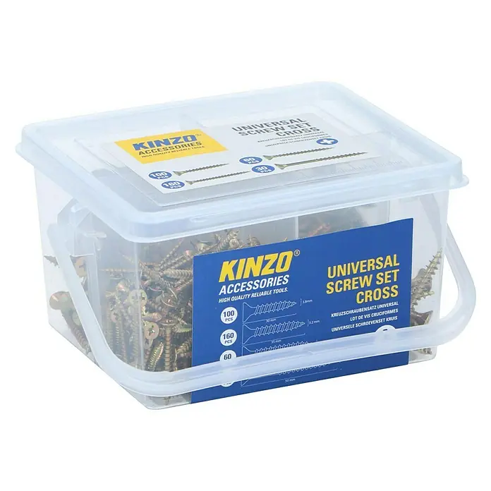 Kit de tornillos - 250 pzs. - Una caja de plástico con tornillos universales de cruz Kinzo en varios tamaños para diversas aplicaciones.