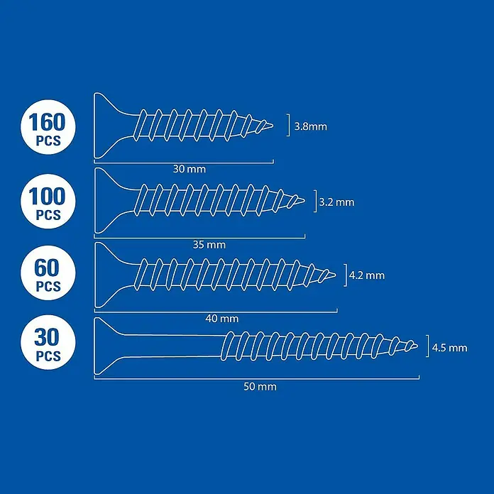 Kit de tornillos - 250 pzs. - Un diagrama que muestra tornillos de varios tamaños y cantidades, con longitud y diámetro etiquetados.