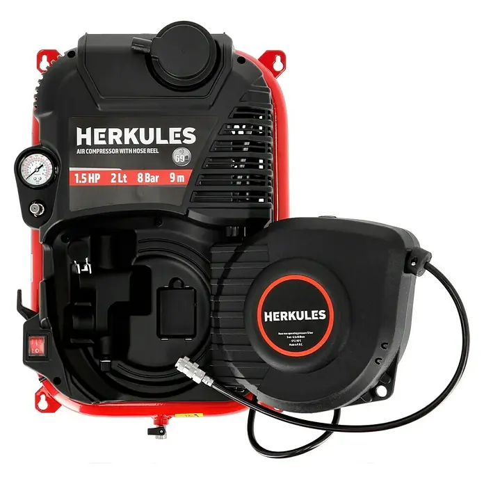 Herkules Kompressor Walltech Pro - Max. Druck: 8 bar, 2 l - Herkules Luftkompressor mit Schlauchaufroller. Der 1,5 PS Kompressor hat 2 Liter, 8 Bar und 9 Meter Schlauch für vielfältige Anwendungen.