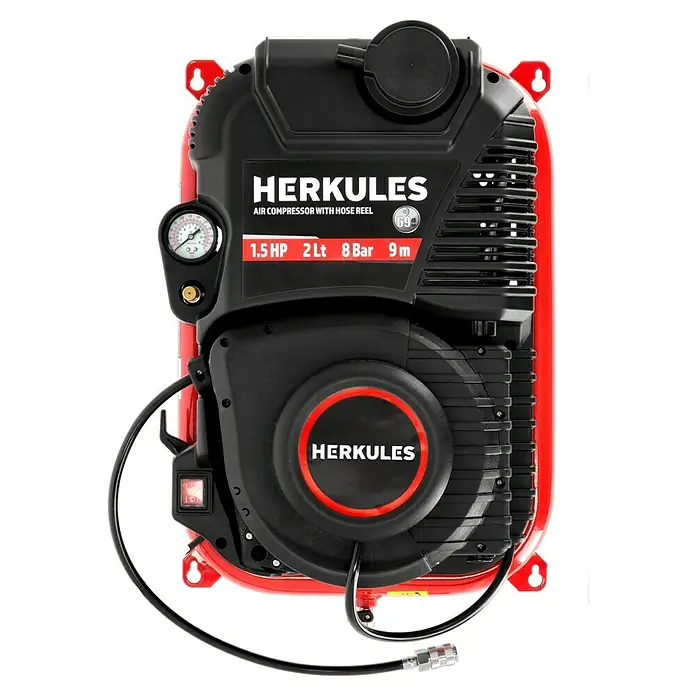 Herkules Kompressor Walltech Pro - Max. Druck: 8 bar, 2 l - Abbildung eines Herkules-Luftkompressors mit Schlauchtrommel, der sich durch sein rotes und schwarzes Design auszeichnet.