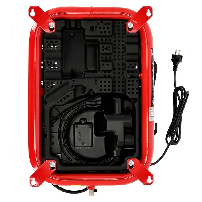 Herkules Kompressor Walltech Pro - Max. Druck: 8 bar, 2 l - Die Rückseite eines roten Generators mit schwarzem Gehäuse und Netzkabel. Für Stromversorgung unterwegs.