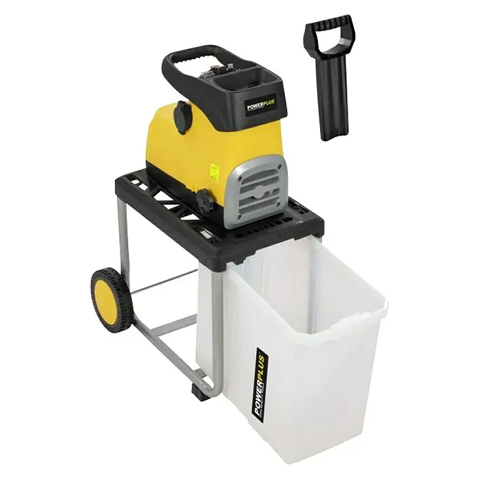 PowerPlus Biotrituradora eléctrica de rodillo POWXG6462 - Grosor de rama máx.: 4,5 cm, 2.800 W - Imagen de una trituradora de jardín Powerplus amarilla y negra, completa con un contenedor de recogida y ruedas. También tiene un empujador para alimentar el material de forma segura.