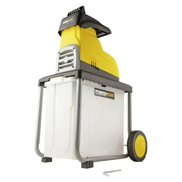 PowerPlus Biotrituradora eléctrica de rodillo POWXG6462 - Grosor de rama máx.: 4,5 cm, 2.800 W - Una trituradora Powerplus con cuerpo amarillo y recipiente de recogida transparente, ideal para residuos de jardín.