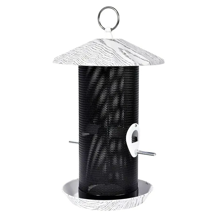 Dobar Futterspender Fold - L x B x H: 19 x 19 x 30 cm, Metall, Mit Silo - Dieses Bild zeigt eine moderne Vogelfutterstation mit einem gemusterten Dach und einer Basis, die sich ideal für jeden Garten eignet.