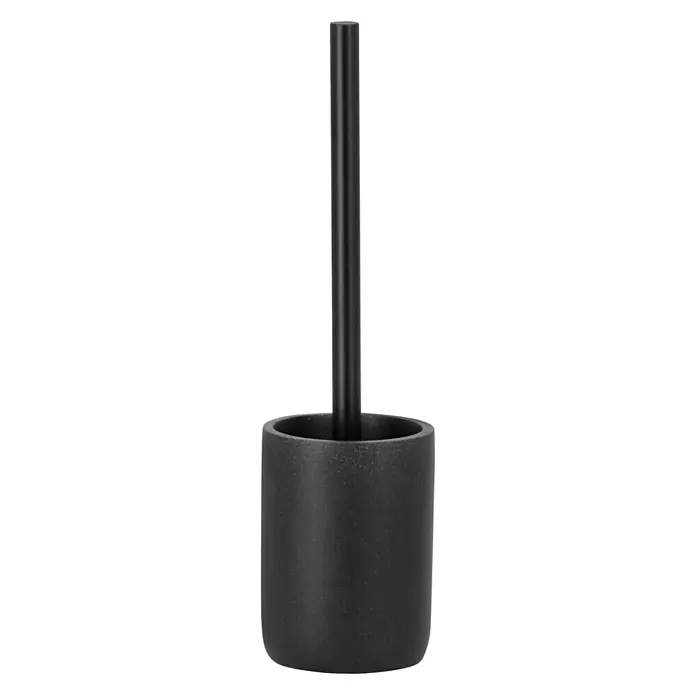 Camargue WC-Bürstengarnitur Stone - Polyresin, Schwarz - Eine Nahaufnahme eines schwarzen Toilettenbürstenhalters mit Bürste, der ein modernes und minimalistisches Design aufweist.
