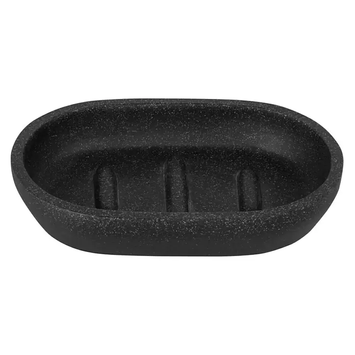 Camargue Seifenschale Stone - Polyresin, Anthrazit, Länge: 13,1 cm - Eine ovale, schwarze Seifenschale aus Steinzeug mit Schlitzdesign zur Seifenablage, ideal für jedes Badezimmer.