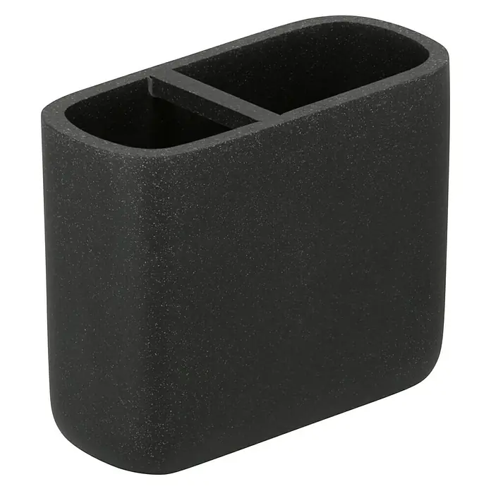 Camargue Zahnputzbecher Stone - 10,6 x 6,5 x 14 cm, Polyresin, Anthrazit - Ein schwarzer, länglicher Zahnbürstenhalter mit zwei Fächern und abgerundeten Ecken, ideal für Badezimmer.