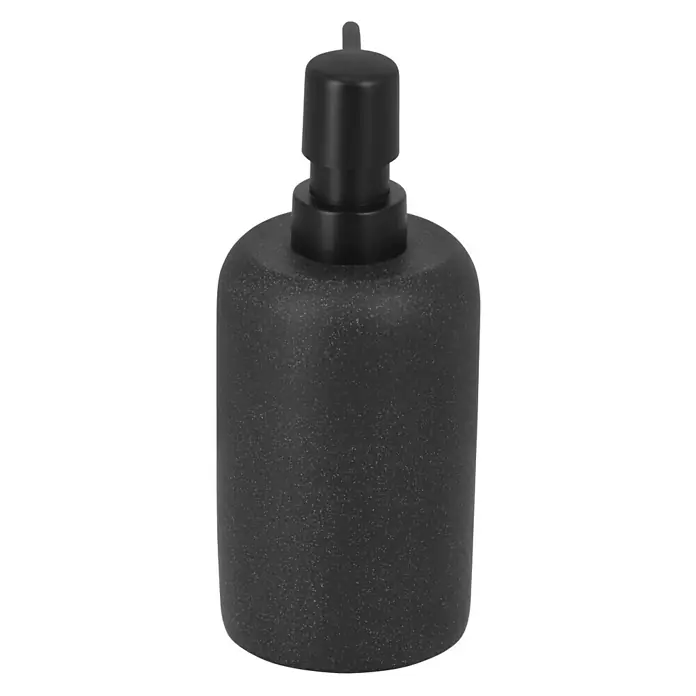 Camargue Seifenspender Stone - Polyresin, Schwarz - Nahaufnahme eines stilvollen, schwarzen Seifenspenders mit matter Textur und modernem Design, ideal für jedes Badezimmer.