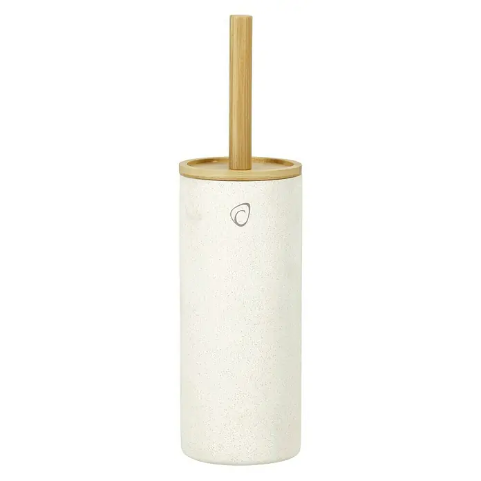 Camargue WC-Bürstengarnitur Vero - Bambus, Sand, Höhe: 38 cm - Nahaufnahme eines modernen WC-Bürstenhalters in Beige mit Bambusgriff und einem minimalistischen Design, perfekt für stilvolle Badezimmer.