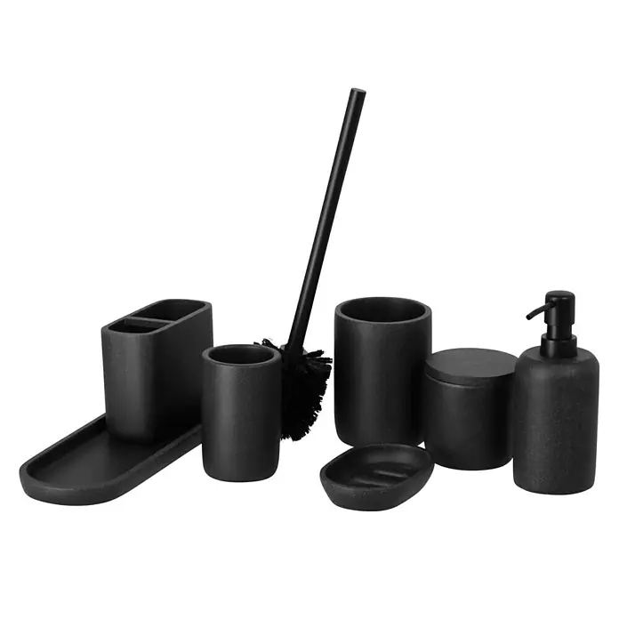 Camargue Seifenspender Stone - Polyresin, Schwarz - Schwarzes Badezimmer-Accessoire-Set mit Seifenspender, Becher, Seifenschale, Bürste und Halter, ideal für ein modernes Bad.