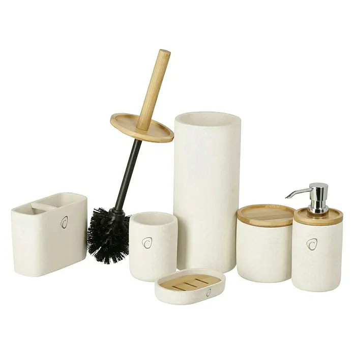 Camargue Zahnputzbecher Vero Typ 2 - Beton, Sand - Komplettes Bad-Accessoire-Set in neutralen Farben, einschließlich Seifenspender, Zahnbürstenhalter und WC-Bürste.