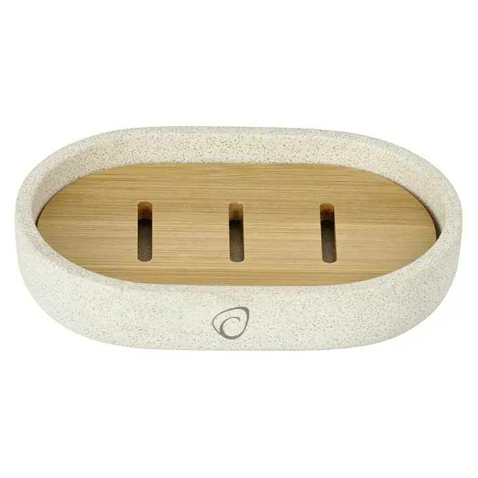 Camargue Seifenschale Vero - Bambus, Sand - Nahaufnahme einer ovalen Seifenschale mit Holzrost und stilvollem Design, ideal für Badezimmer.