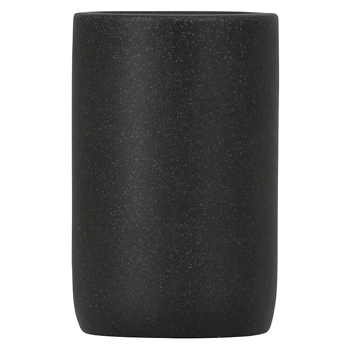 Camargue Zahnputzbecher Stone - Polyresin, Anthrazit, Höhe: 11,5 cm - Nahaufnahme eines modernen, schwarzen Pflanzgefäßes mit gesprenkelter Textur, ideal für Zimmerpflanzen und zur Dekoration von Wohnräumen.