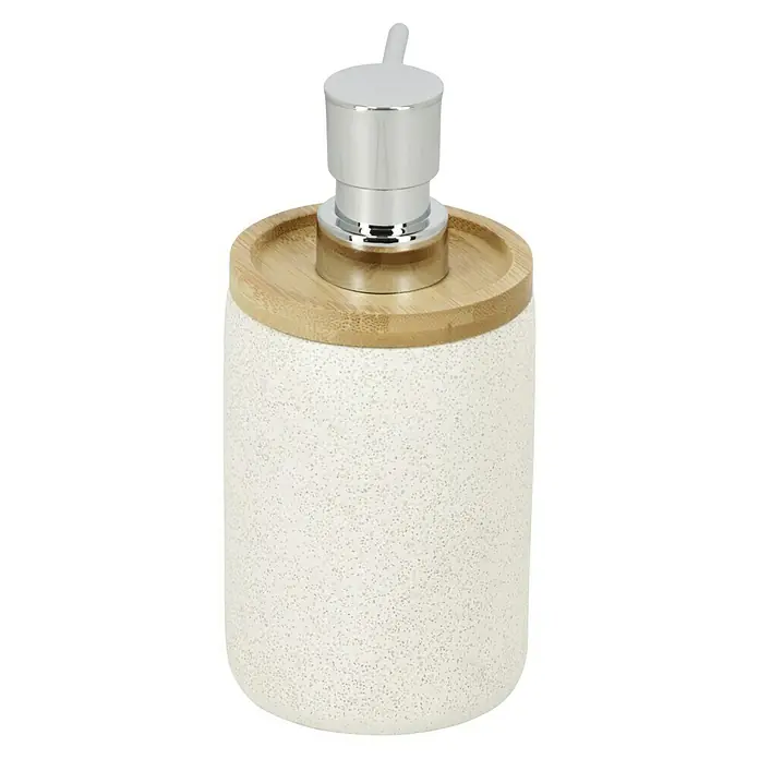 Camargue Seifenspender Vero - Bambus, Sand, Höhe: 17 cm - Elegante Seifenspender-Kombination: Cremefarbener Behälter mit dezentem Muster, Bambus-Akzent und verchromter Pumpe.
