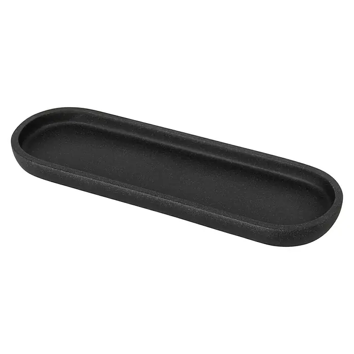 Camargue Badablage Stone - Breite: 31,5 cm, Polyresin, Anthrazit - Eine längliche, schmale, schwarze Ablageschale aus Kunststein, ideal als dekorative und praktische Aufbewahrungslösung für kleine Gegenstände.