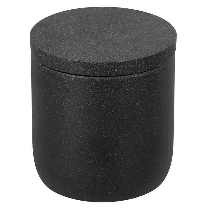 Camargue Wattestäbchen-Behälter Stone - Polyresin, Anthrazit, Höhe: 9,2 cm - Nahaufnahme eines runden, schwarzen Behälters mit Deckel, ideal für die Aufbewahrung kleiner Gegenstände.