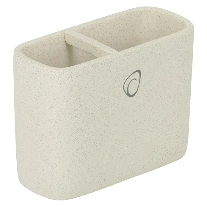 Camargue Zahnputzbecher Vero Typ 2 - Beton, Sand - Doppelter Zahnbürstenhalter in Beige mit leicht gesprenkelter Oberfläche und minimalistischem Logo. Ideal für Badezimmerorganisation.