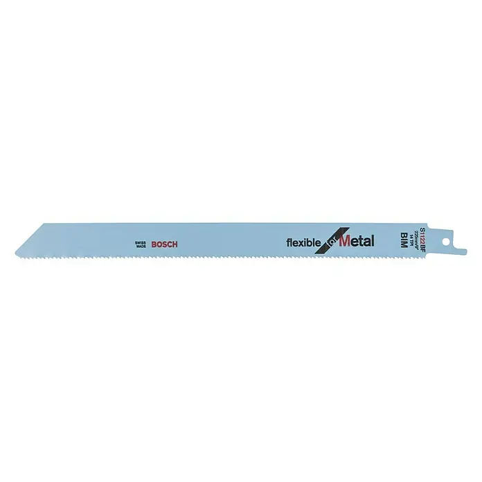 Bosch Säbelsägeblatt Flexible for Metal - Metall, Länge: 175 mm - Das Bild zeigt ein Bosch S1122BF Säbelsägeblatt "Flexible for Metal", ein Werkzeug zum Schneiden von Metall.