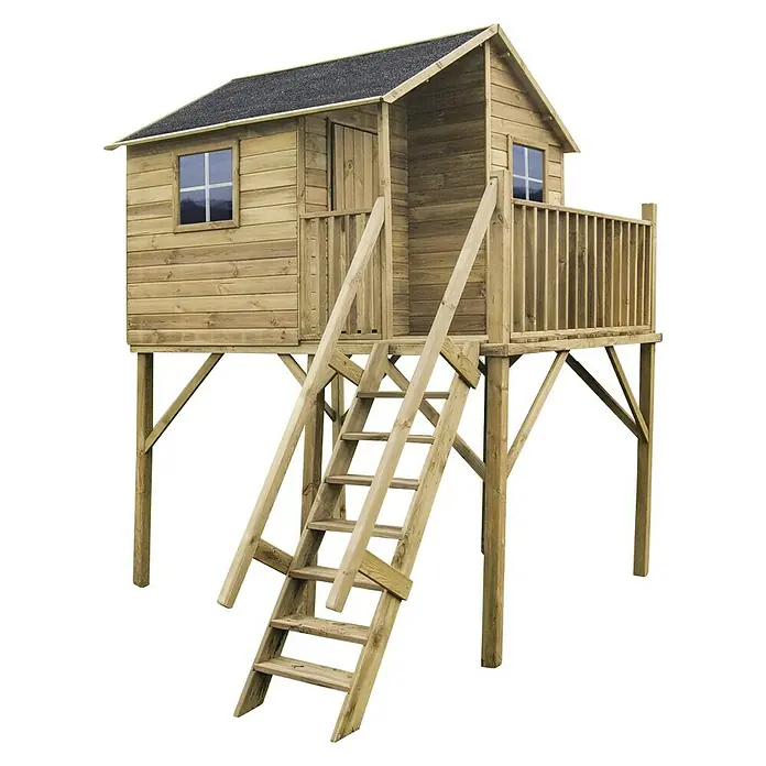 Spielhaus Jeremy Max - L x B x H: 269 x 220 x 315 cm, Holz, Natur - Holzspielhaus auf Stelzen mit Leiter. Perfekt für Kinder zum Spielen im Garten. Ein sicherer und stabiler Spielplatz im Freien.