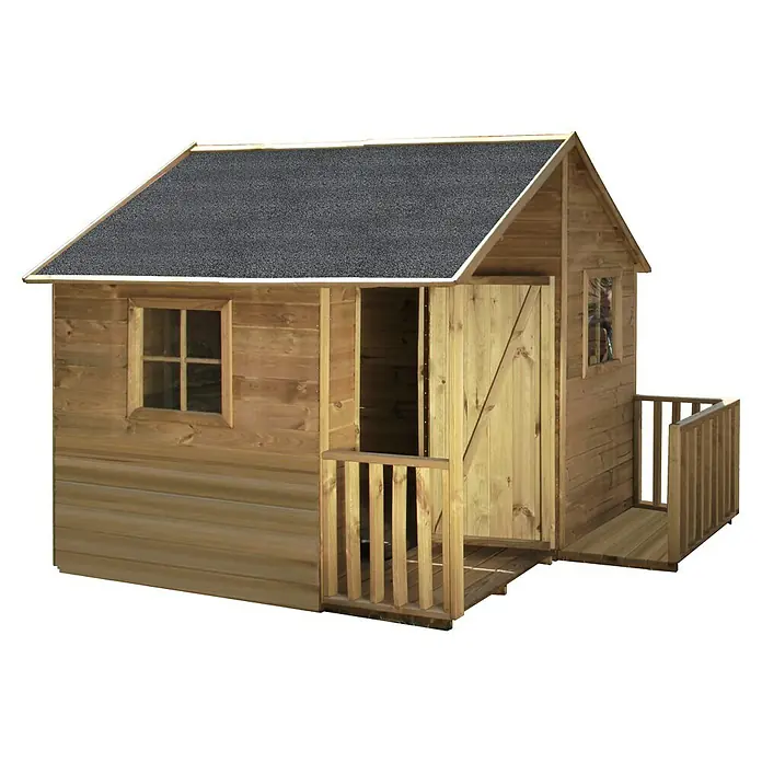 Spielhaus Marco - L x B x H: 217 x 182 x 174 cm, Holz, Natur - Ein detailreiches Bild eines Holzspielhauses mit dunklem Dach und kleinen Veranden. Ideal für kreative Spiele im Freien.