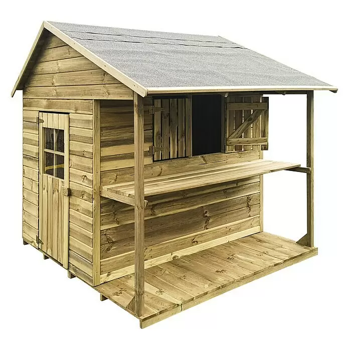 Spielhaus Lea - L x B x H: 166 x 160 x 174 cm, Holz, Natur - Holzspielhaus mit grauem Dach, kleiner Tür, Fenster, integriertem Tresen und Veranda.
