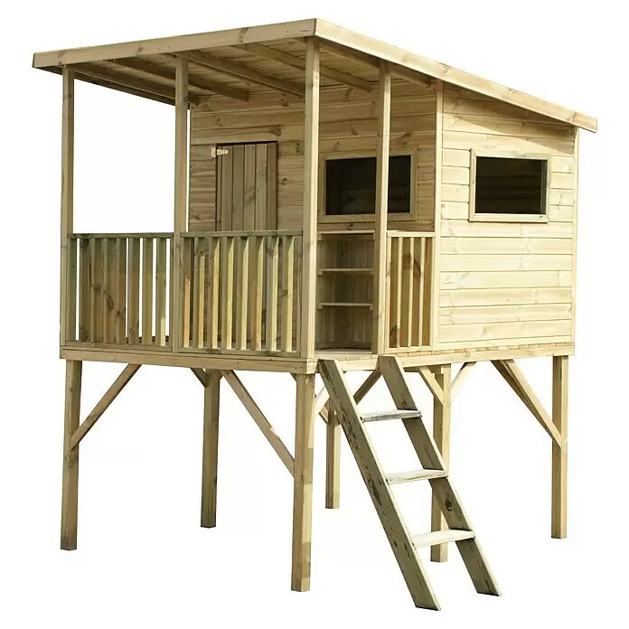 Spielhaus Robin - L x B x H: 220 x 175 x 272 cm, Holz, Natur - Diagonale Ansicht