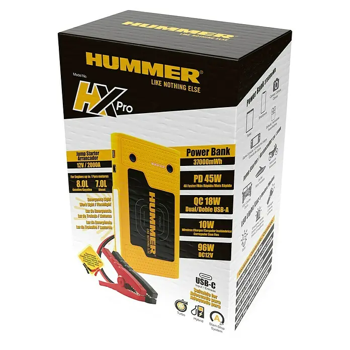 Kit de arranque HUMMH3T - 12 V, 3 Ah - 8 Ah - Imagen de un arrancador-banco de energía Hummer HX Pro con 12V/2000A, 37000mWh, PD 45W, QC 18W, cargador inalámbrico de 10W y puerto USB-C.