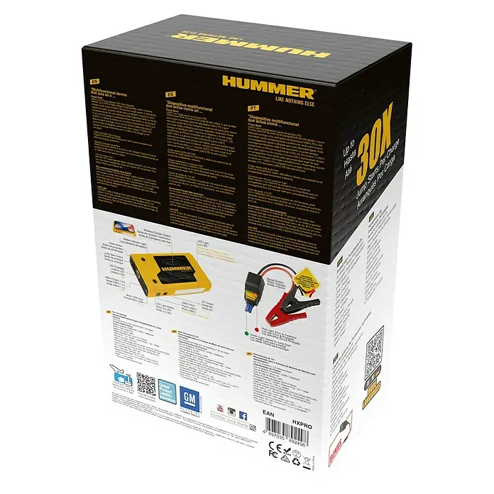 Kit de arranque HUMMH3T - 12 V, 3 Ah - 8 Ah - Embalaje del producto HUMMER Jump Starter con información del producto y logotipos de marca y certificación.