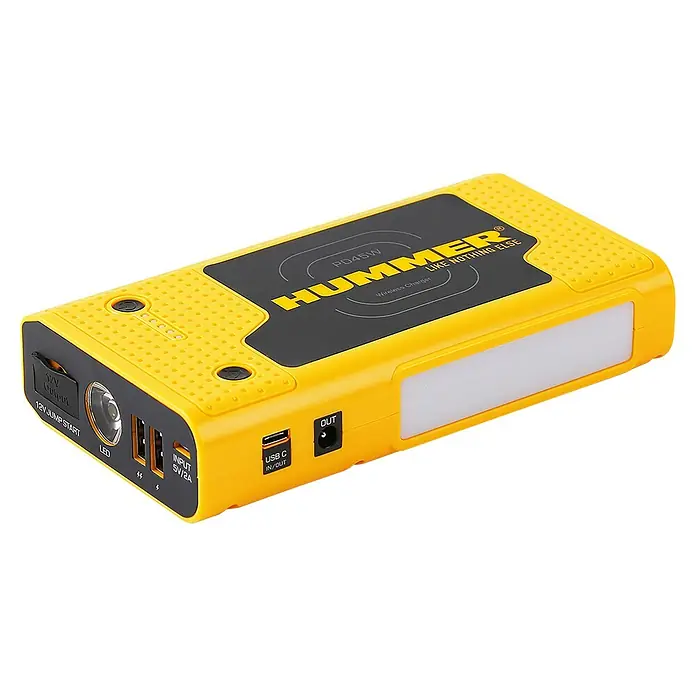 Kit de arranque HUMMH3T - 12 V, 3 Ah - 8 Ah - Arrancador amarillo Hummer PD45W con múltiples puertos y LED, una herramienta versátil para energía móvil y emergencias.