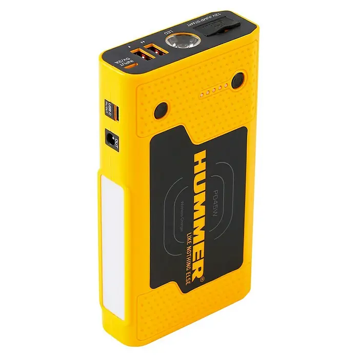 Kit de arranque HUMMH3T - 12 V, 3 Ah - 8 Ah - Arrancador portátil amarillo Hummer con puertos USB y LED para cargar dispositivos y situaciones de emergencia.