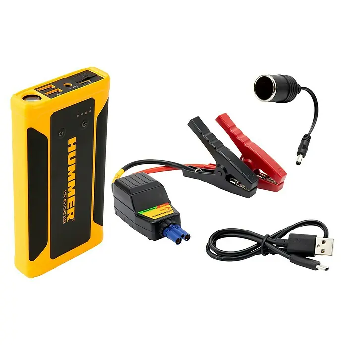 Kit de arranque HUMMHX - 12 V, 3 Ah - Arrancador amarillo Hummer con cables, cable USB y accesorios. Solución portátil para arranques de emergencia.
