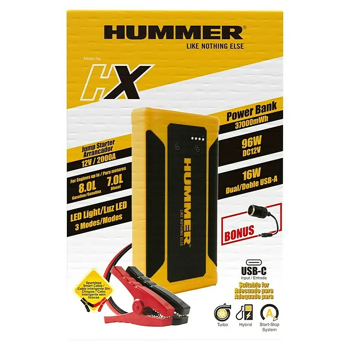Kit de arranque HUMMHX - 12 V, 3 Ah - Imagen de un arrancador de batería HUMMER HX. Para arrancar motores y como power bank con luz LED.