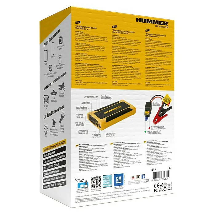 Kit de arranque HUMMHX - 12 V, 3 Ah - Embalaje del producto para el Hummer Jump Starter. El dispositivo es multifuncional con función de banco de energía.