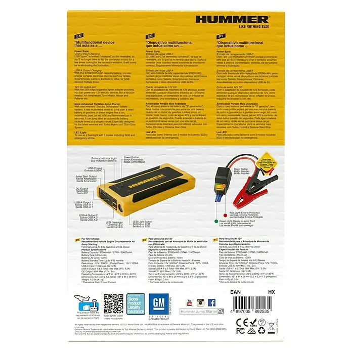 Kit de arranque HUMMHX - 12 V, 3 Ah - HUMMER Jump Starter, un dispositivo multifuncional que actúa como power bank y arrancador, ideal para uso en movimiento.