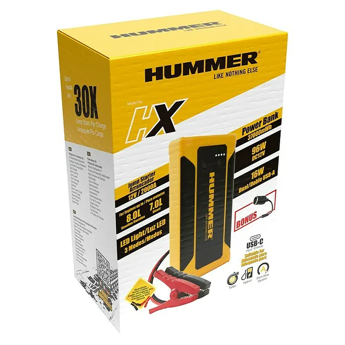 Kit de arranque HUMMHX - 12 V, 3 Ah - Imagen de un arrancador amarillo y negro HUMMER HX con batería externa de 37000mWh, 96W y USB-A dual de 16W, ideal para arrancar vehículos.