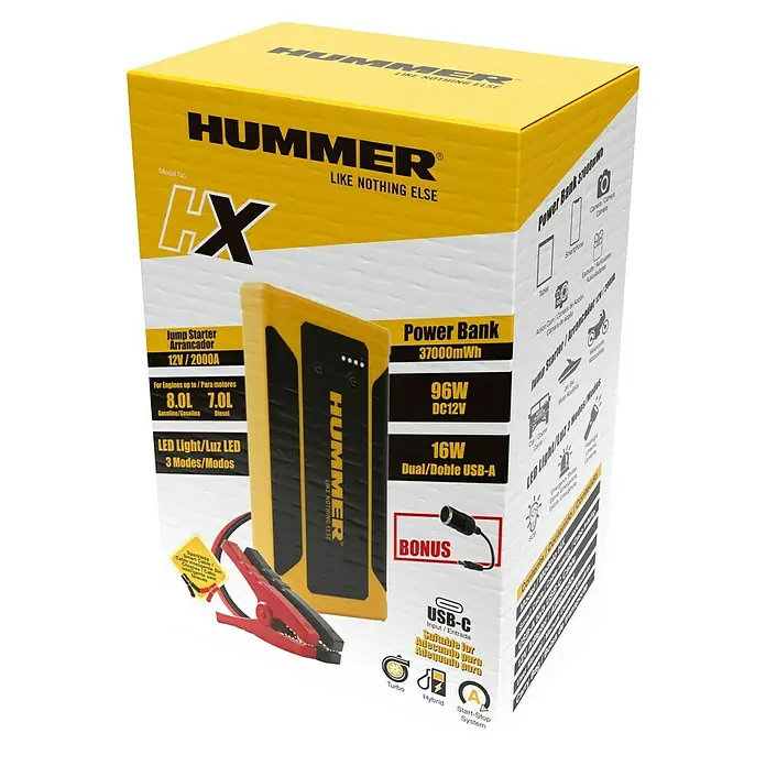 Kit de arranque HUMMHX - 12 V, 3 Ah - Imagen de un arrancador Hummer HX con Power Bank de 37000mWh, 96W, USB-A dual de 16W, para motores de gasolina hasta 8.0L.